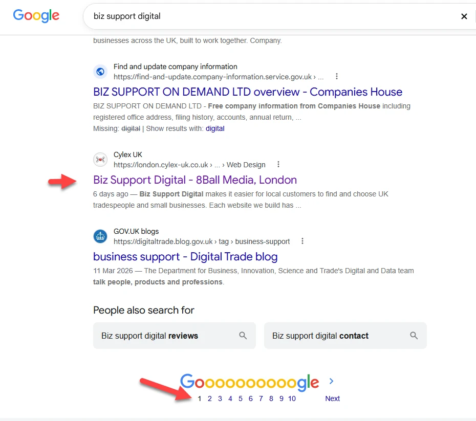 The bottom of page one of Google for biz support digital, with Cylex and the related searches